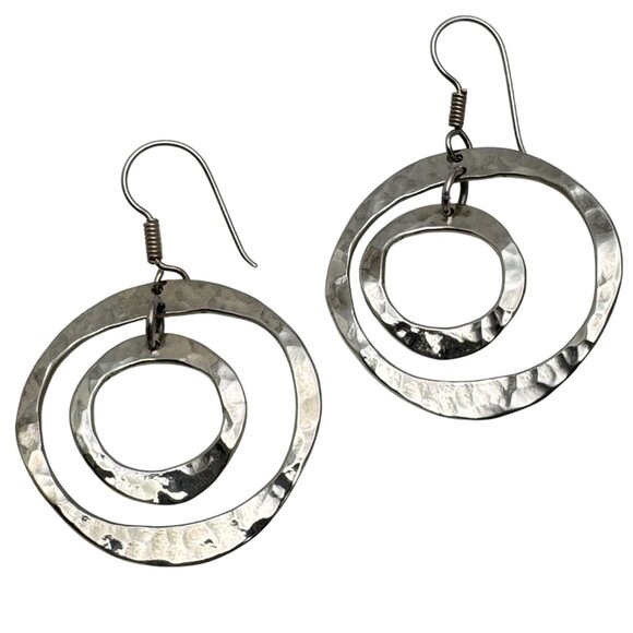 Hammered Sterling Silver Dangle Earrings Wavy Double Circle Design Vintage - Picture 1 of 8